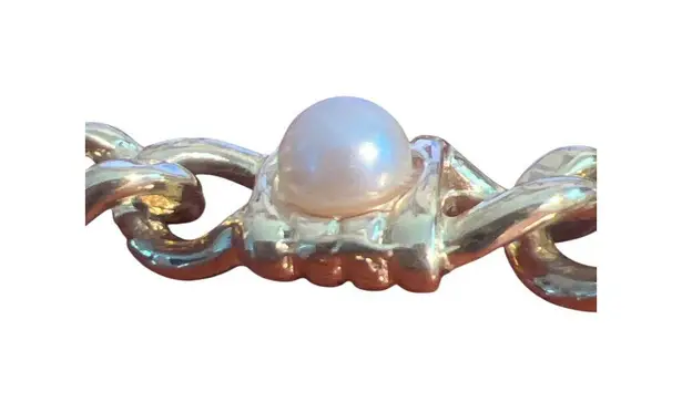 Vintage Gold Tone Chain Link Bracelet Faux Pearl Fold Over Clasp Estate 6.5"