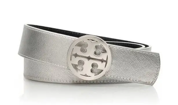 Tory Burch  Reversible Leather Belt Silver Navy Size Large Logo Buckle Metallic thumbnail 1