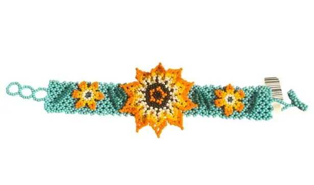 Shakira Huichol Seed Bead Cuff Bracelet 3D Flowers Turquoise Orange 3 Sizes NWT
