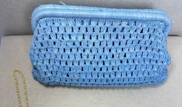 Loeffler Randall Blue Crochet Raffia Trudie Frame Clutch Gold Chain Purse Bag