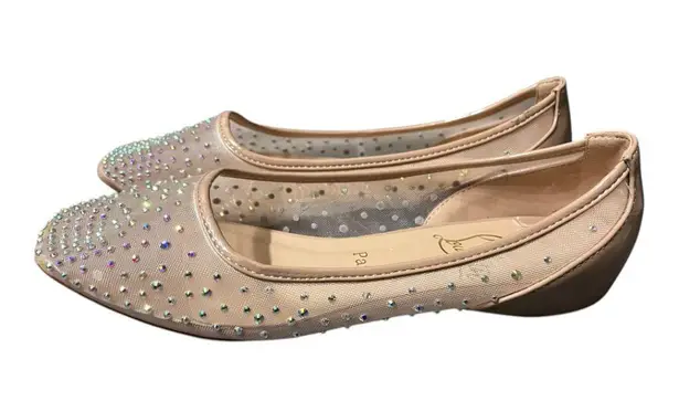 Beige Crystal Embellished Mesh Follis Strass Ballerina Flats Red Size 7.5