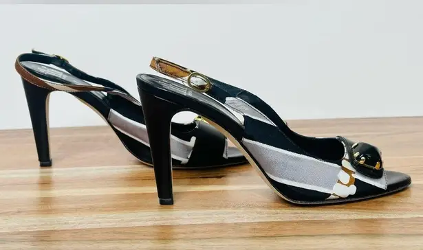 Tibi Black Print Silk Slingback Heels Sandals Shoes Size 6.5