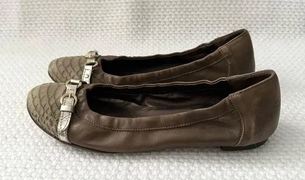AGL Brown Taupe Snake Textured Cap Toe Ballet Flat Pewter Metallic Buckle 40 Size 9