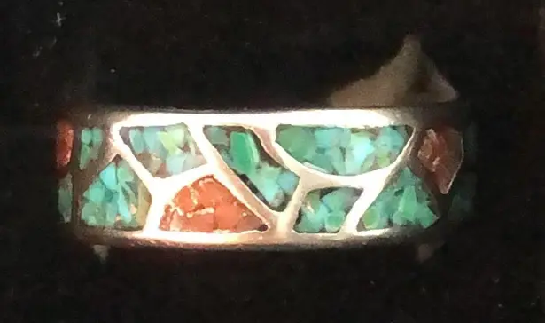 Sterling Silver Southwest Native Crushed Turquoise Coral Mosaic Ring Sz 12-1/2