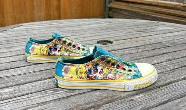 Ed Hardy  slip on sneakers size 5 blue white, Ash tattoo skull Y2K