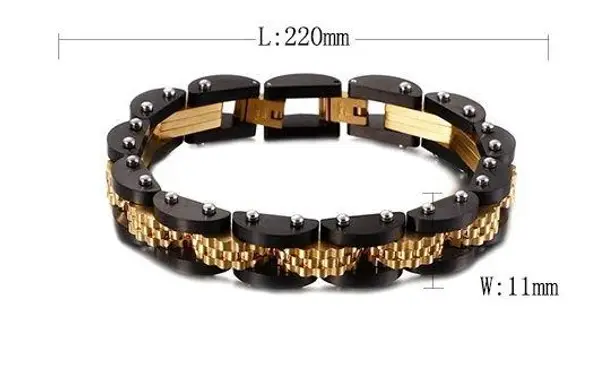 Men 11mm Stainless Steel Luxury Bangle Bracelet (Black-Gold)