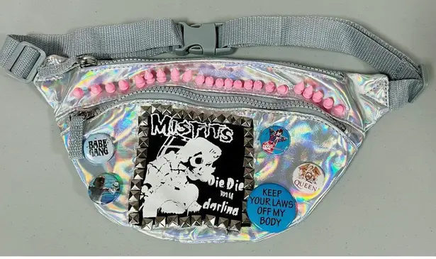 Handmade Silver Gray Grey Iridescent Metallic Holographic ‘Misfits’ Punk Band Patch Spiked Studded Fanny Pack Waist-Bag Belt-Bag Purse ⛓️🔪