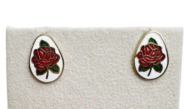 Vintage Red Rose Cloisonné Enamel Egg Shaped Pierced Earrings
