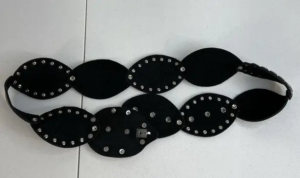 Leather Studded Belt Large 38 Bling Buckle Conch Style Black Silver Southwestern