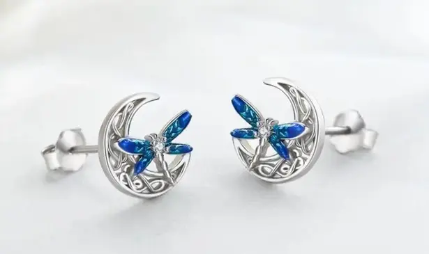 The Moon  Blue Winged Dragonfly &  Stud Earrings