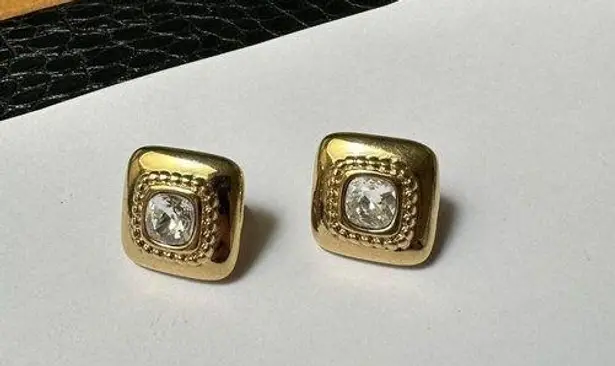 Monet Signed  Square Gold Tone Rhinestone Clip-on Clip On Earrings