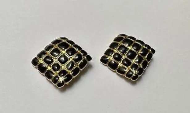 Erwin Pearl P.E.P. Black Enamel Clip On Earrings Gold Tone Square
