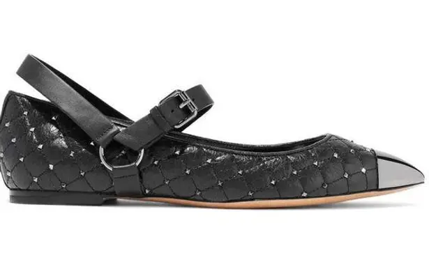 Valentino Garavani Valentino Black Silver Rockstud Quilted Spike Mary Jane Cap Toe Ballet Flats