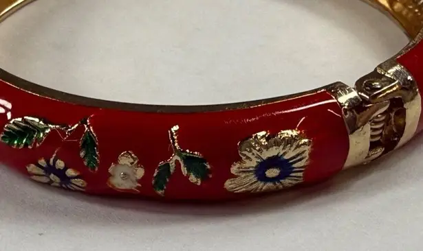 Clamper Style Bracelet Red Color Flower Pattern Accent Multicolor Enamel Painted