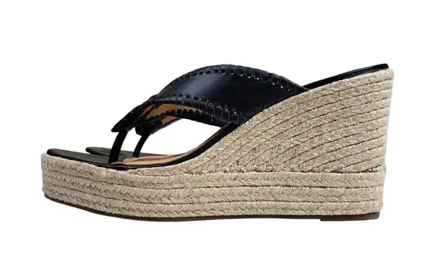 Jack Rogers  Rowan Platform Espadrille Leather Wedge Sandal in Black NEW