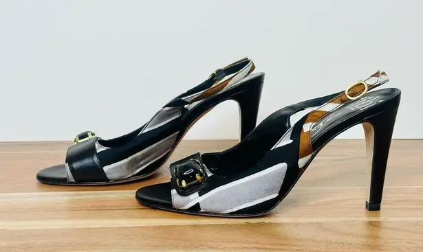 Tibi Black Print Silk Slingback Heels Sandals Shoes Size 6.5