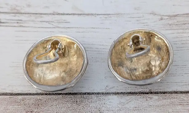 Vintage Clip On Earrings Circle with Cream Enamel & Wavy Lines