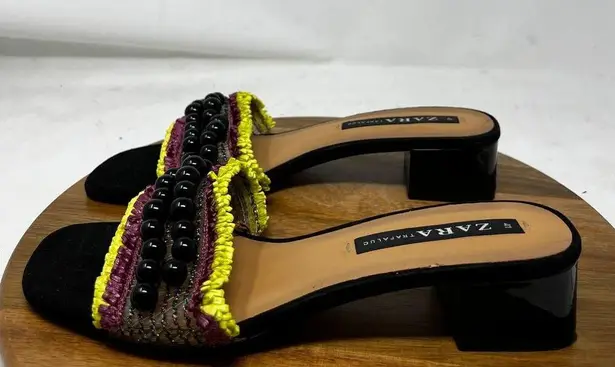 ZARA  Sandals Womens Black Hand Beaded Fringed Mule Slide Sandals Size 41