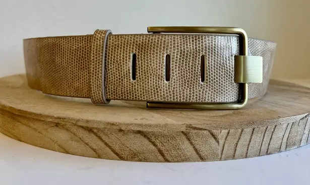 Tan Beige Textured Vegan Leather Wide Golden Buckle Belt Size Large