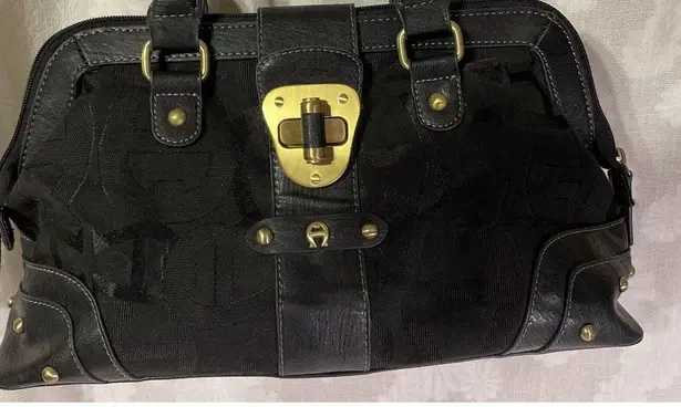 Etienne Aigner Black Leather and Canvas Satchel Bag Brass Accents