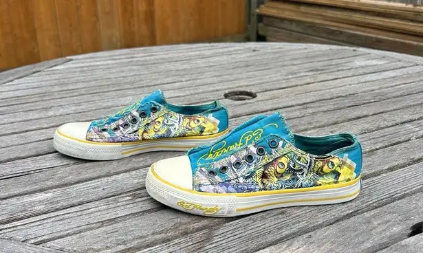 Ed Hardy  slip on sneakers size 5 blue white, Ash tattoo skull Y2K