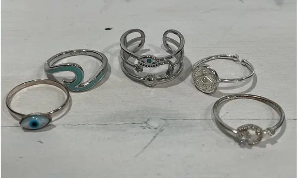 Ring lot of 5 Evil Eye Wave Coin Silver Tone Boho Jewelry size 6 and 7