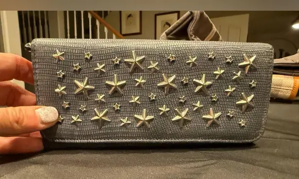 Jimmy Choo Long Wallet Silver Star-Studded with Rhinestones Blue Grey Leather