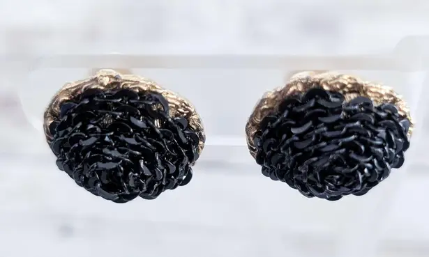 Vintage Clip On Earrings Black Wrapped Chain Like with Gold Tone Halo