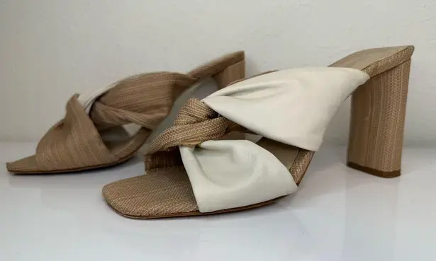 Schutz Wendy Pearl and Beige Leather Color Block High Heel Sandals, Size 9