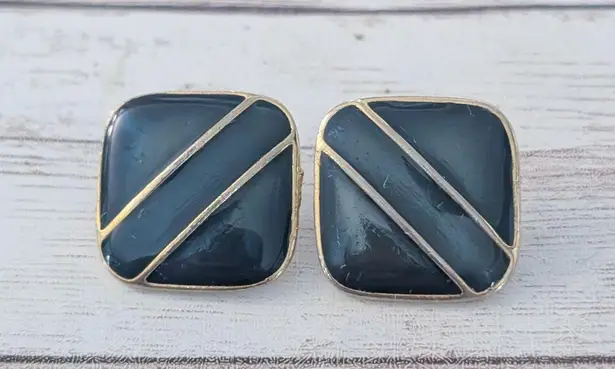 Vintage Clip On Earrings Dark Green & Gold Tone Retro Statement