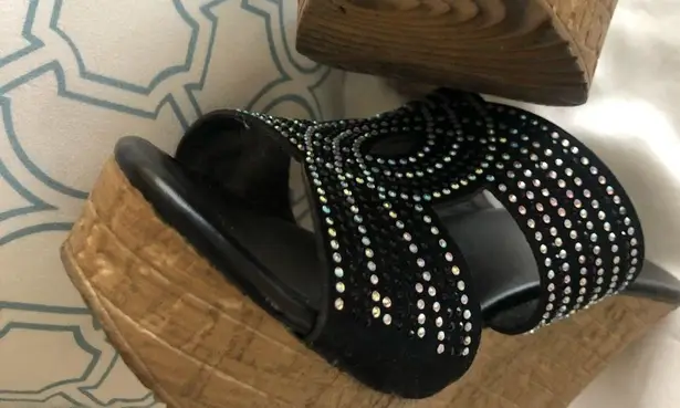 Black and Silver Rhinestone Wedge Sandals size 6.5