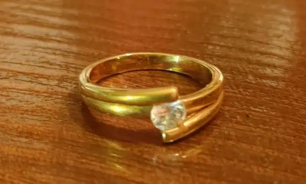 Vintage Gold Tone Solitaire Ring Clear Stone Accent Promise Engagement Wedding