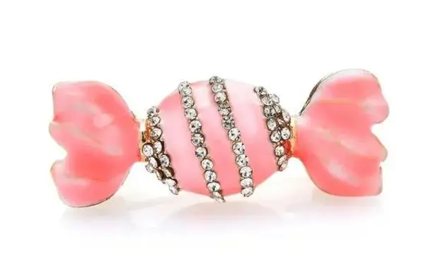 Enameled Sweet Tooth Candy Brooch Pin with Rhinestones Pink