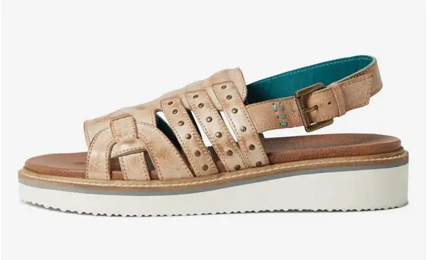 NEW Beds Stu ROAN Crest Sandals Wedge Distressed Leather Pecan Womens Size 7 Tan