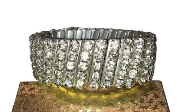 Vintage Accordian Rhinestone Stretch Cuff Bracelet Gemstones Silver Tone Bling E