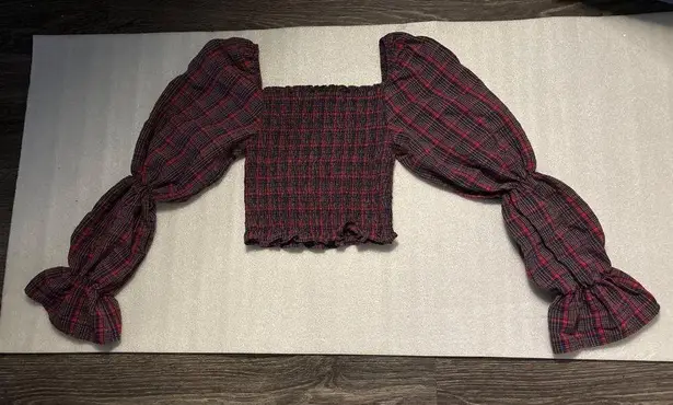 ZARA  Plaid Square Neck Crop Top Puff Sleeve XS Peasant Indie Cowgirl Western