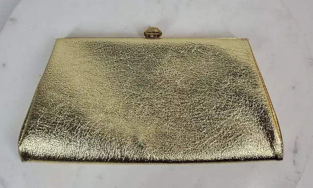 VINTAGE Lame Clutch 9.5" Gold Chain Metal Clasp Retro Evening Handbag Purse
