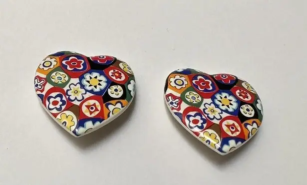 Large Oversized Ceramic Heart Clip On Earrings Multi Color Floral Mosaic Print