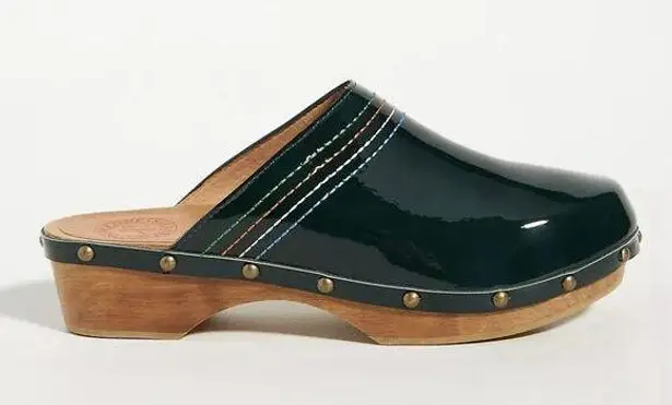 Penelope Chilvers Patent Leather Dark Green Stitched Clogs Size 6