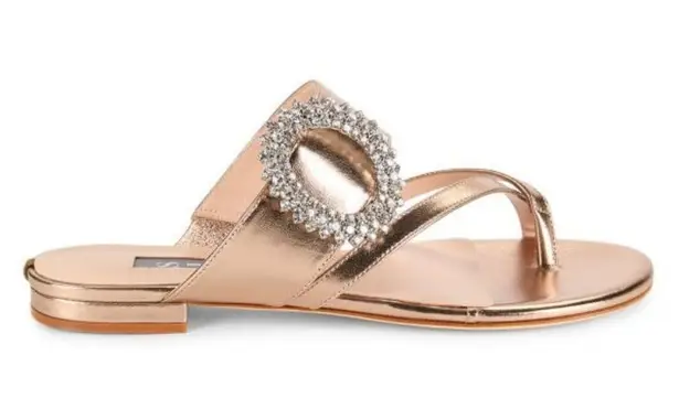 SJP by Sarah Jessica Parker Jinx Crystal Buckle Flat Sandals Gold Size 9
