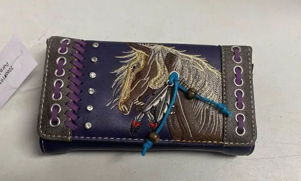 Horse Western Tassel Crossbody Wallet Purple 3.5X2X7.25 Embroidered Feathers Stud