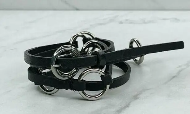 Black Skinny Faux Leather Circle Concho Belt Silver Hardware Large (L) ✨