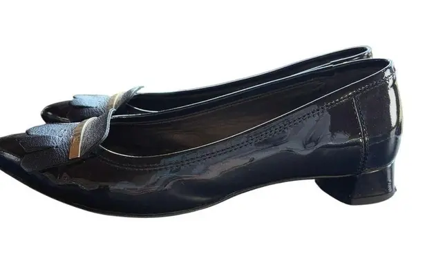 AGL Designer Pointed Toe Fringe Career Flats Navy Gold Leather Italian Size 6.5 Blue