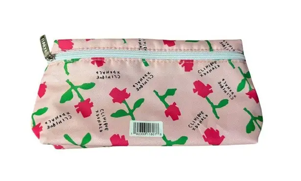Clinique X Donald Floral Makeup Bag Pink W/ Green Flower Pattern Zipper Pouch 9.
