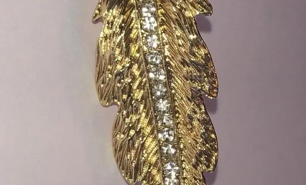 Adjustable Gold Tone CZ Rhinestone Feather Boho Statement Ring