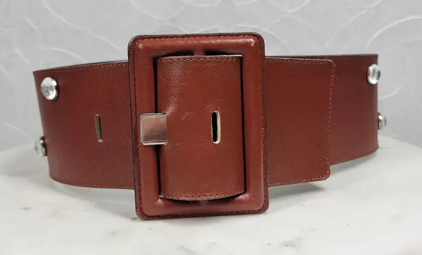 Vintage Yves Saint Laurent Wide Belt S Brown Leather Buckle Rhinestone Rivets