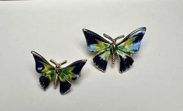 Butterfly Insect Blue Yellow Green Enamel Brooch Pin Gold Tone Set Of 2