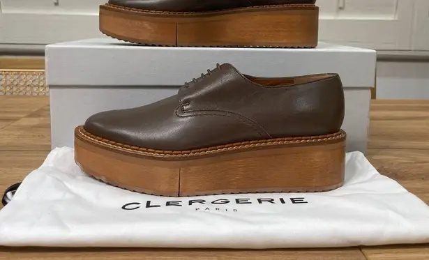 Clergerie Brooks Wooden Effect Platform Oxford Brown Leather Sz 5.5 US 36 EU NIB