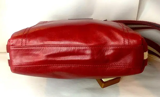 BALLY Red Leather Top Zip Crossbody Shoulder Bag w/ Red White Striped Strap EUC