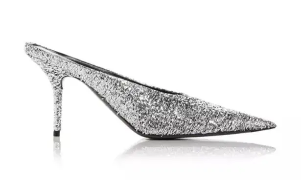 Balenciaga Knife Glitter High Heel Mules in Silver Titanium Size 36 New in Box